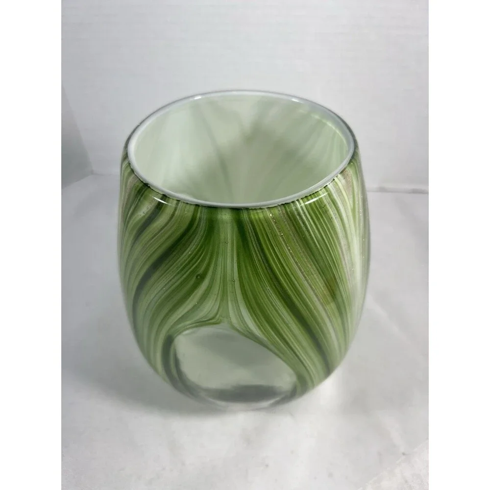 Hand Blown Art Glass Candle Holder Green White Swirl Gold Glitter 7” Tealight